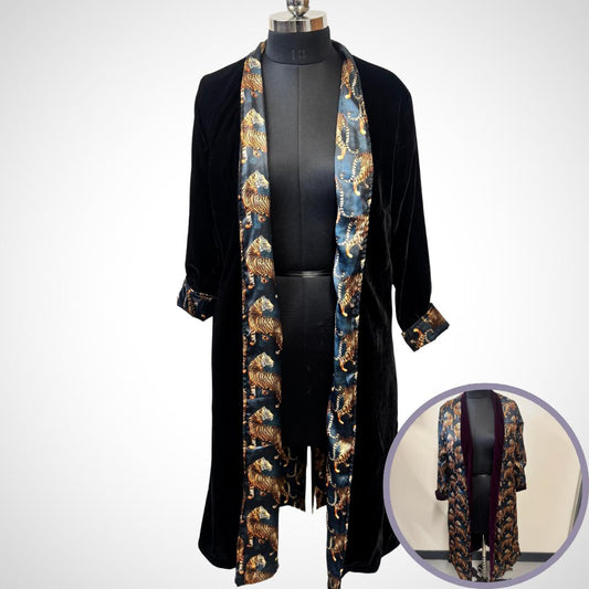 Black Duster Coat | Reversible Bengal Tiger Print Saree Silk and Velvet Coat | Silk Duster Coat | Velvet Duster Coat | Long Coat | Silk Coat