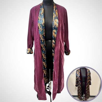 Mauve Purple Duster Coat | Reversible Bengal Tiger Print Saree Silk and Velvet Coat | Silk Duster Coat | Velvet Duster Coat | Long Coat | Silk Coat