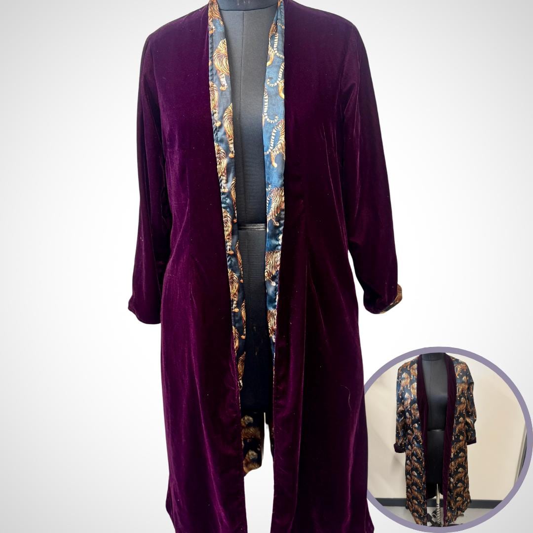 Purple Duster Coat | Reversible Bengal Tiger Print Saree Silk and Velvet Coat | Silk Duster Coat | Velvet Duster Coat | Long Coat | Silk Coat