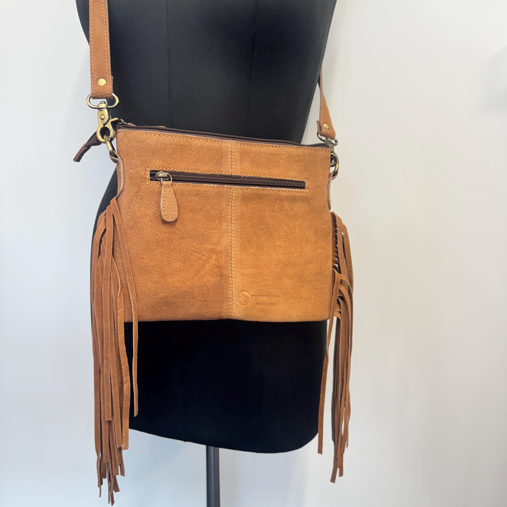 Suede Bag with Fringe and Tooled Leather | Crossbody Bag | Western Style Suede Shoulder Bag for Women | Gift for Women | Gift for Her