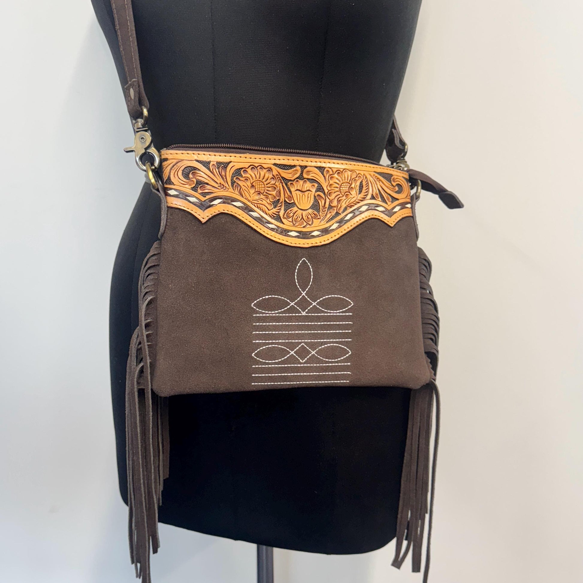 Suede Bag with Fringe and Tooled Leather | Crossbody Bag | Western Style Suede Shoulder Bag for Women | Gift for Women | Gift for Her