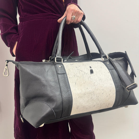 Leather Duffle Bag with Black and White Goat Hide | Weekender Bag | Travel Leather Bag | Overnight Bag | Western Bag | Birthday Gift |