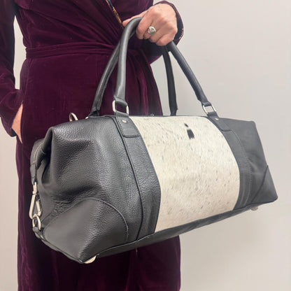 Leather Duffle Bag with Black and White Goat Hide | Weekender Bag | Travel Leather Bag | Overnight Bag | Western Bag | Birthday Gift |