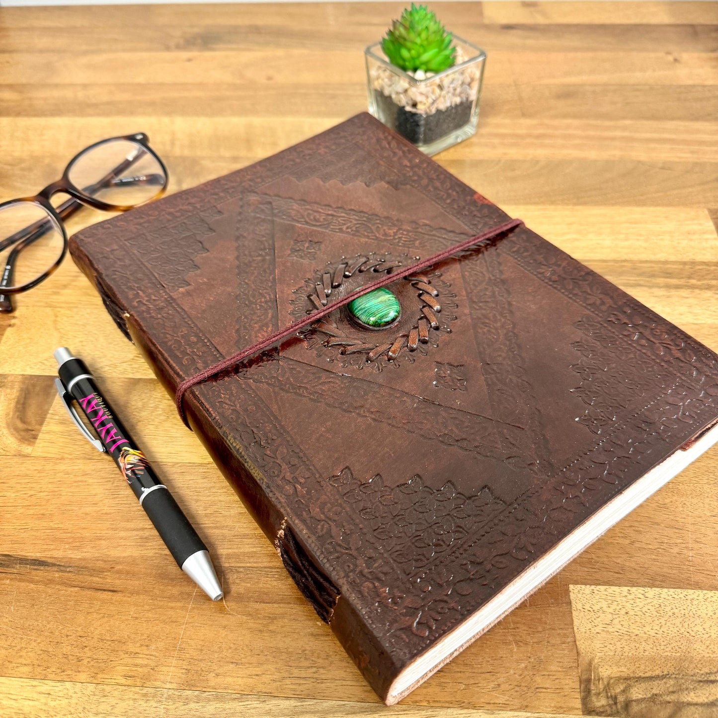 Handcrafted Large Leather Journal with Malachite | Leather Bound Journal | Leather Scrapbook | Recycled Paper Journal | Unlined Paper