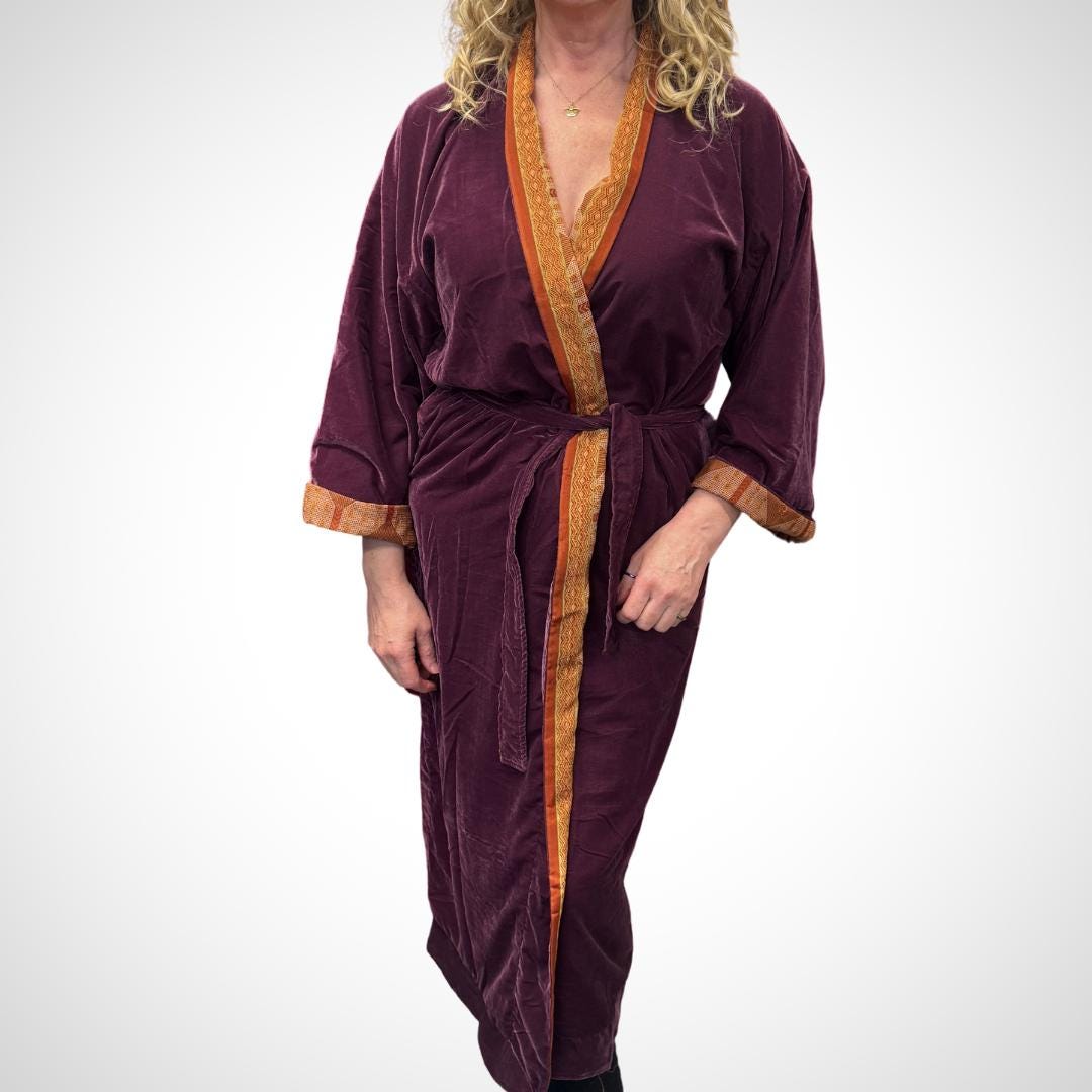 Purple Velvet Robe in Various Styles | Reversible Kimono Robe - Recycled Saree & Velvet | Velvet Dressing Gown | Velvet Gown | Cotton Gown