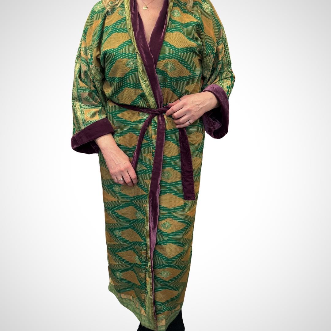 Purple Velvet Robe in Various Styles | Reversible Kimono Robe - Recycled Saree & Velvet | Velvet Dressing Gown | Velvet Gown | Cotton Gown