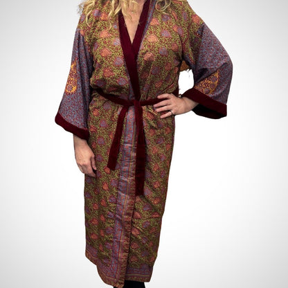 Burgundy Velvet Robe in Various Styles | Reversible Kimono Robe - Recycled Saree & Velvet | Velvet Dressing Gown | Velvet Gown | Cotton Gown