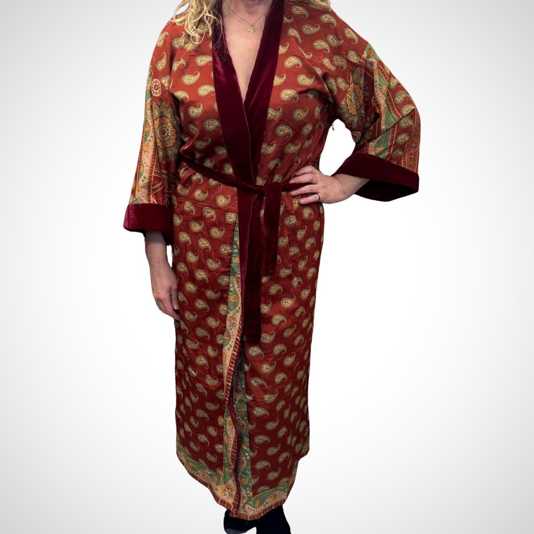 Burgundy Velvet Robe in Various Styles | Reversible Kimono Robe - Recycled Saree & Velvet | Velvet Dressing Gown | Velvet Gown | Cotton Gown