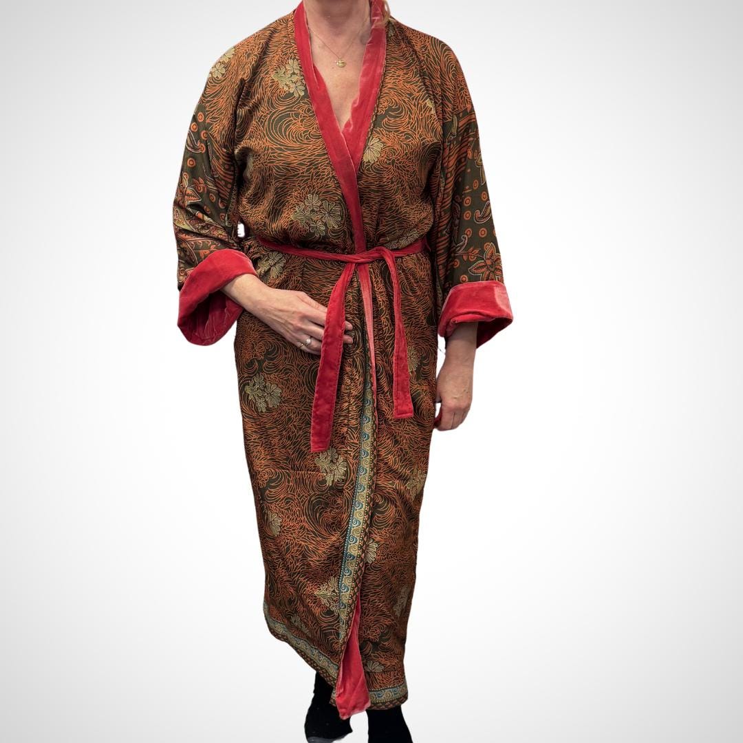 Red Velvet Robe in Various Styles | Reversible Kimono Robe - Recycled Saree & Velvet | Velvet Dressing Gown | Velvet Gown | Cotton Gown