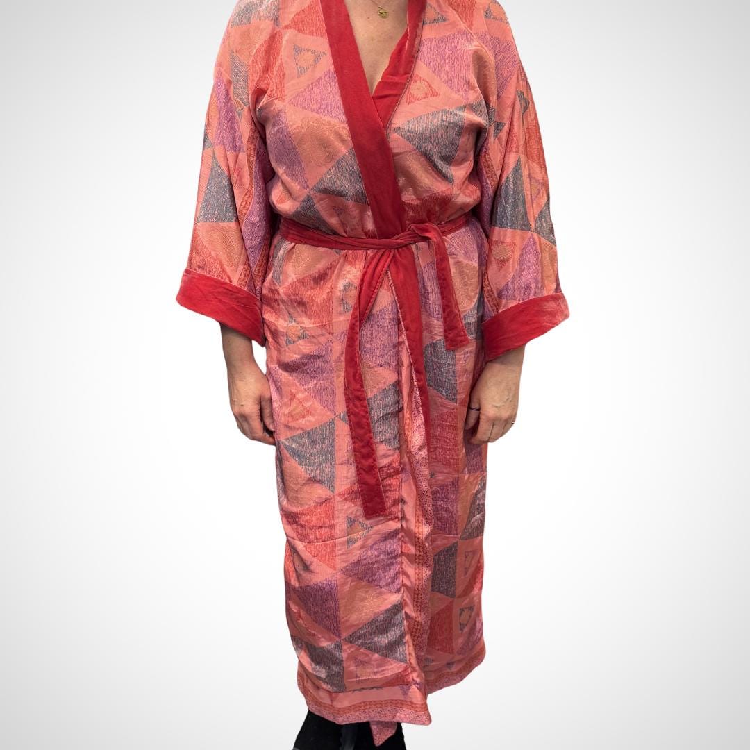 Red Velvet Robe in Various Styles | Reversible Kimono Robe - Recycled Saree & Velvet | Velvet Dressing Gown | Velvet Gown | Cotton Gown