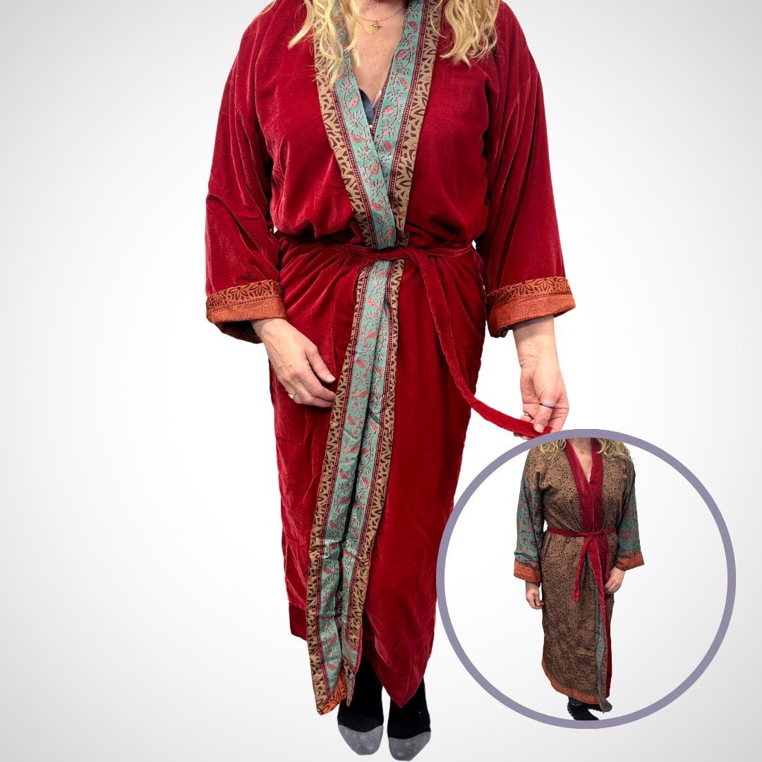 Red Velvet Robe in Various Styles | Reversible Kimono Robe - Recycled Saree & Velvet | Velvet Dressing Gown | Velvet Gown | Cotton Gown