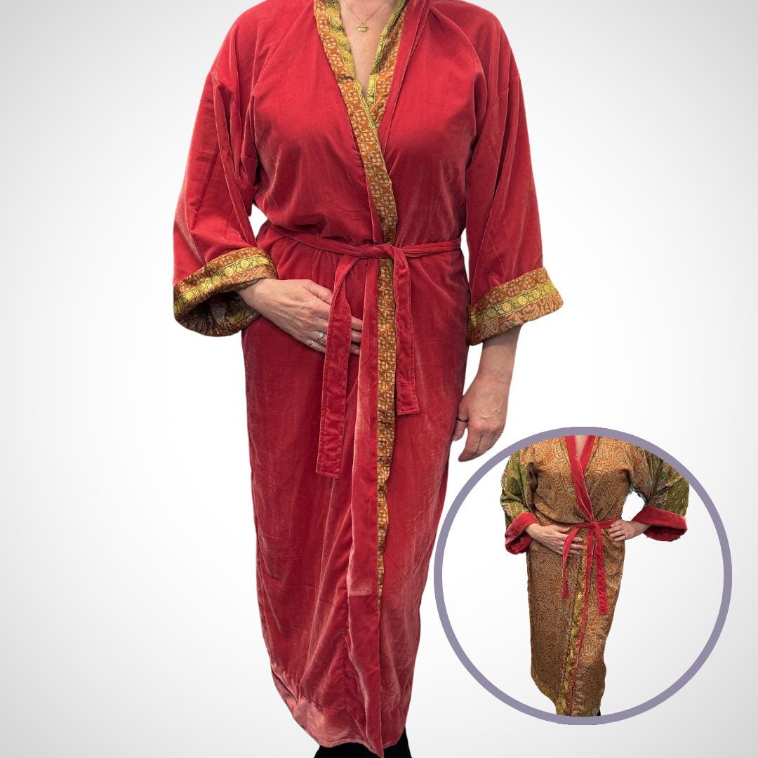 Red Velvet Robe in Various Styles | Reversible Kimono Robe - Recycled Saree & Velvet | Velvet Dressing Gown | Velvet Gown | Cotton Gown