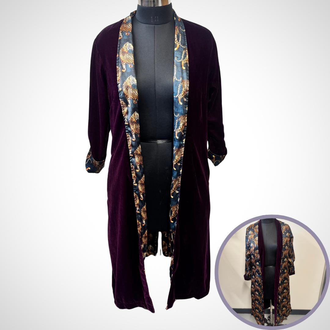 Aubergine Duster Coat | Reversible Bengal Tiger Print Saree Silk and Velvet Coat | Silk Duster Coat | Velvet Duster Coat | Long Coat | Silk Coat