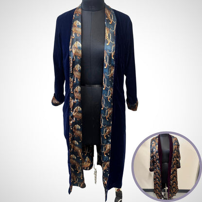 Blue Duster Coat | Reversible Bengal Tiger Print Saree Silk and Velvet Coat | Silk Duster Coat | Velvet Duster Coat | Long Coat | Silk Coat