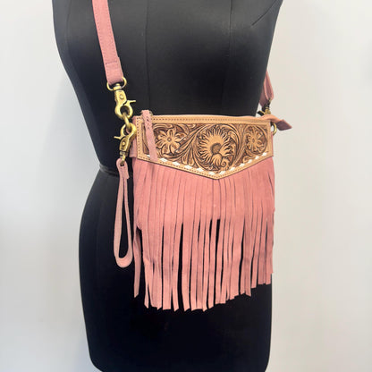 Pink Suede Bag with Fringe and Tooled Leather | Crossbody Bag | Western Style Suede Shoulder Bag for Women | Gift for Women | Gift for Her