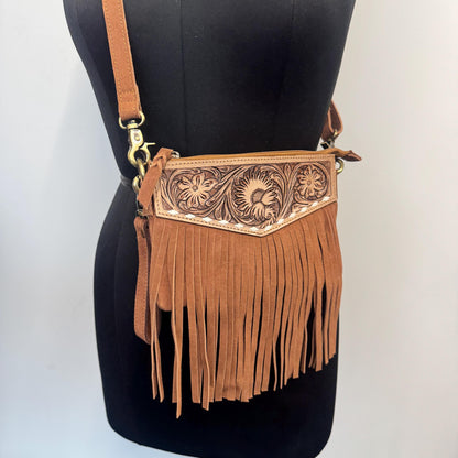 Tan Suede Bag with Fringe and Tooled Leather | Crossbody Bag | Western Style Suede Shoulder Bag for Women | Gift for Women | Gift for Her