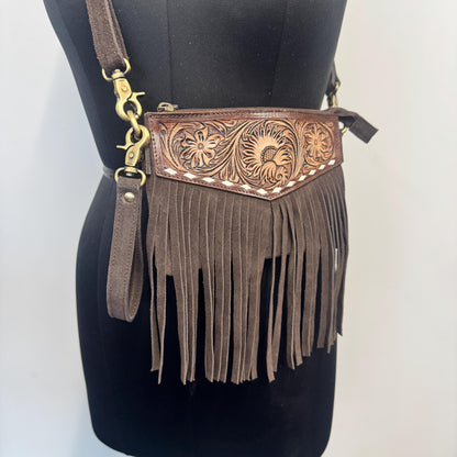 Brown Suede Bag with Fringe and Tooled Leather | Crossbody Bag | Western Style Suede Shoulder Bag for Women | Gift for Women | Gift for Her