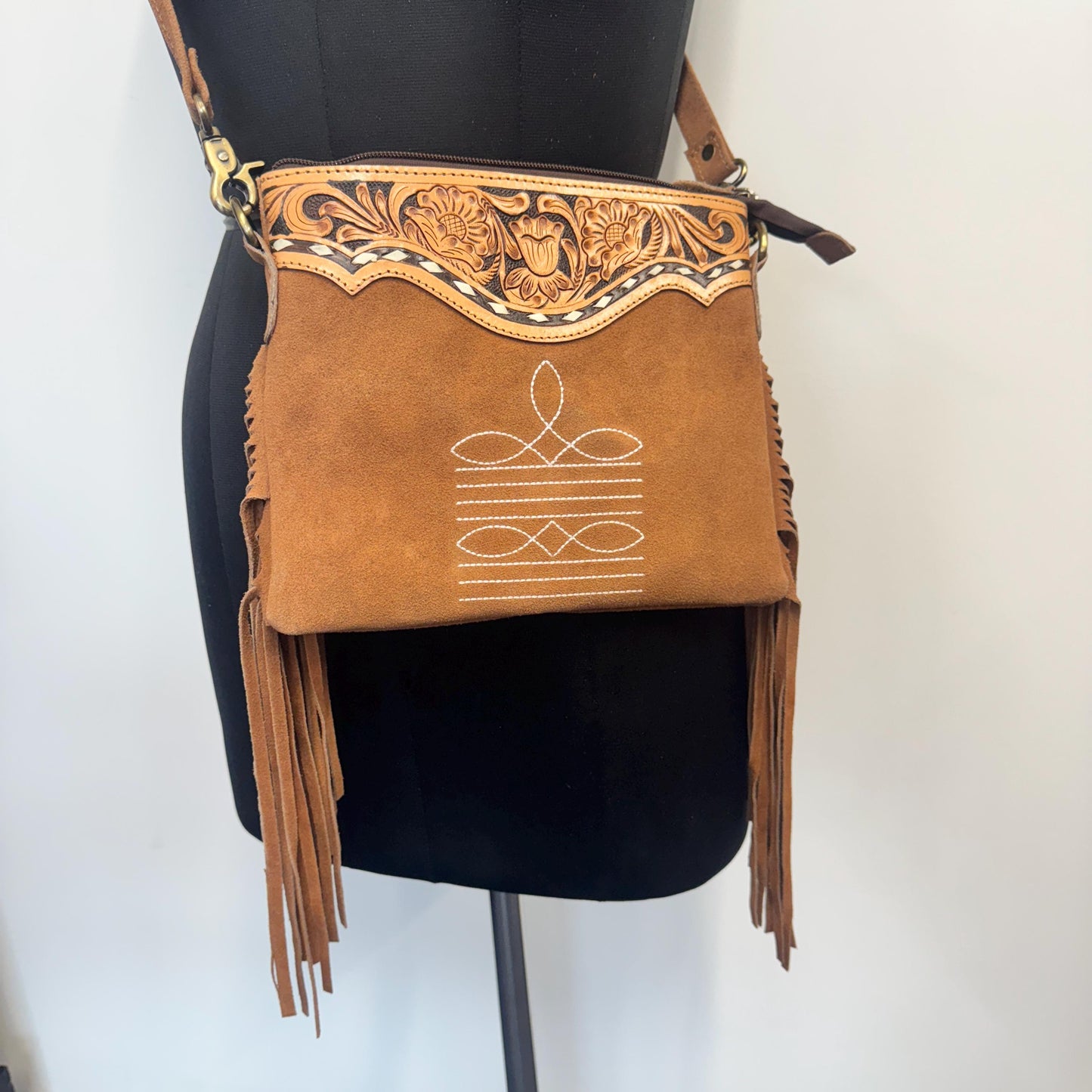 Suede Bag with Fringe and Tooled Leather | Crossbody Bag | Western Style Suede Shoulder Bag for Women | Gift for Women | Gift for Her