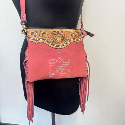 Suede Bag with Fringe and Tooled Leather | Crossbody Bag | Western Style Suede Shoulder Bag for Women | Gift for Women | Gift for Her