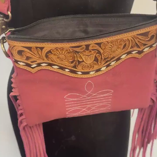 Suede Bag with Fringe and Tooled Leather