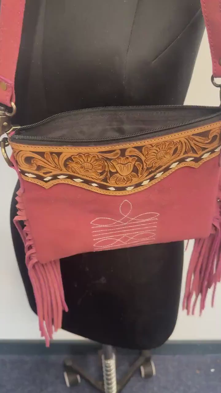 Suede Bag with Fringe and Tooled Leather