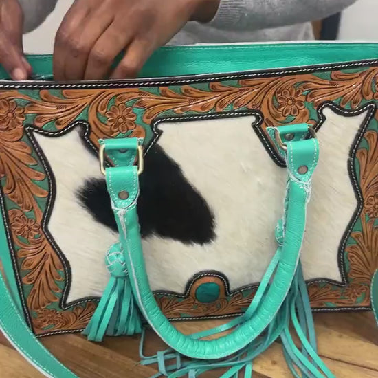 Turquoise Genuine Leather Tote Bag with Zipper and Exquisite Cowhide Accents | Tooled Leather Tote Bag | Medium Sized Leather Bag