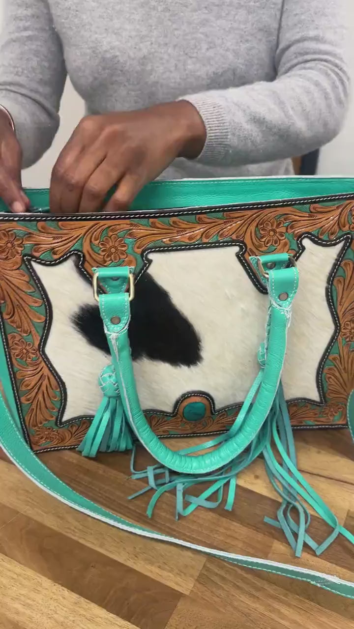 Turquoise Genuine Leather Tote Bag with Zipper and Exquisite Cowhide Accents | Tooled Leather Tote Bag | Medium Sized Leather Bag