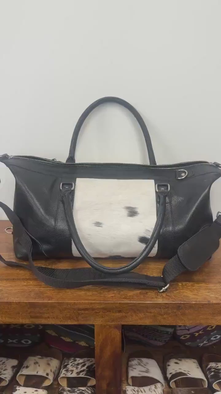 Leather Duffle Bag with Black and White Goat Hide