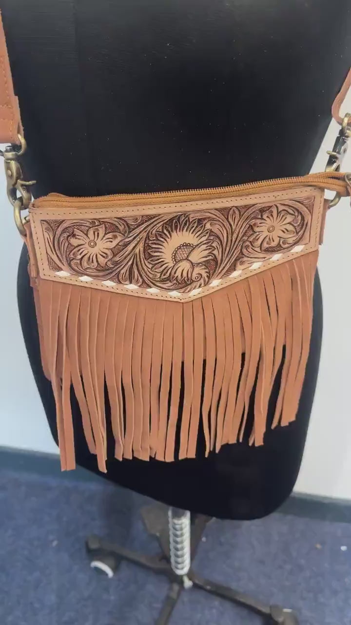 Suede Bag with Fringe and Tooled Leather